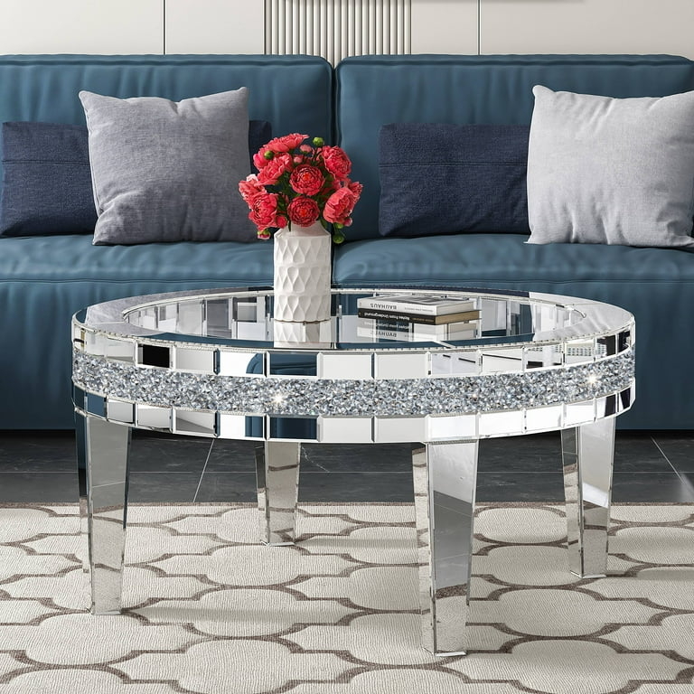Round Coffee Table with Crystal Inlay and Glass Top Glam Silver