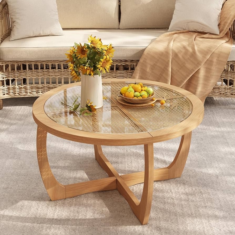 Round Coffee Table with Glass Rattan Top and Curved Legs
