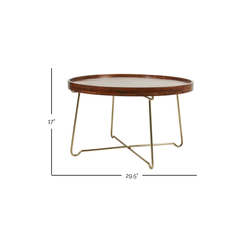 Round Coffee Table with Gold Tripod Legs and Natural Wood Tray Top