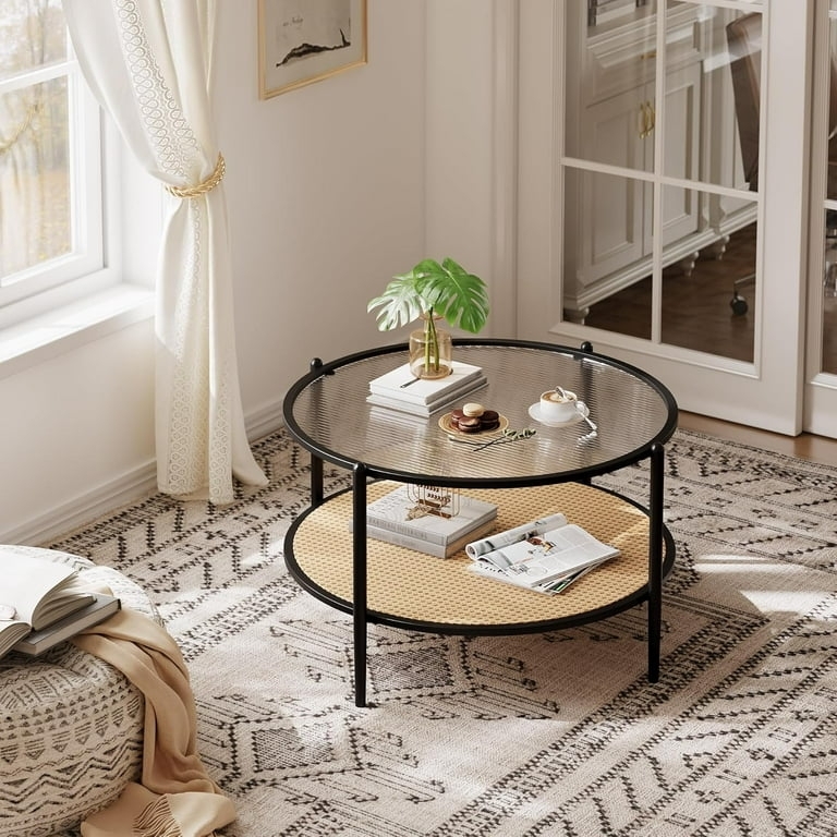 Round Coffee Table with Ribbed Glass Top and Cane Shelf