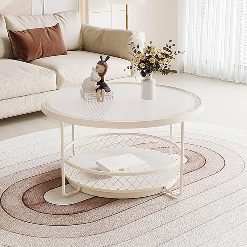 Round Coffee Table with Ribbed Glass Top and Wire Mesh Shelf