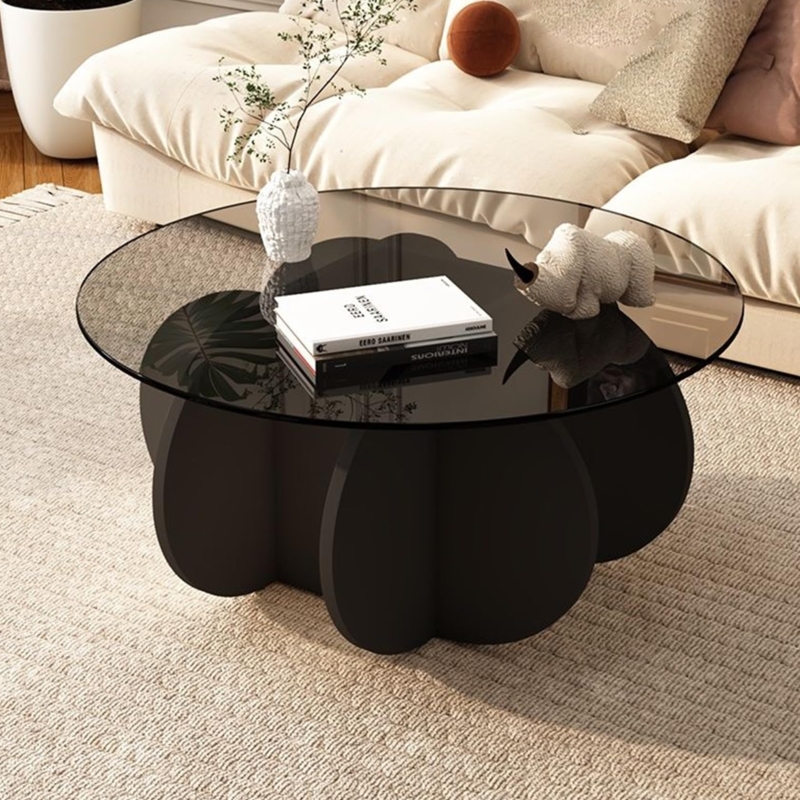 Round Coffee Table with Sculptural Clover Base and Tinted Glass Top