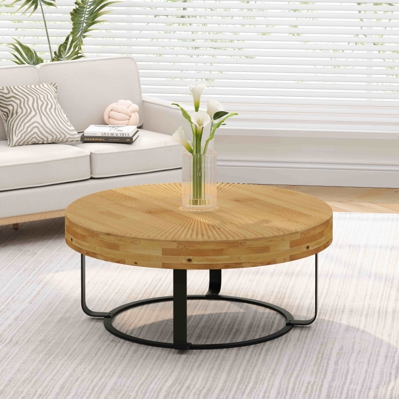Round Coffee Table with Unique Carved Wood Surface & Black Metal Base