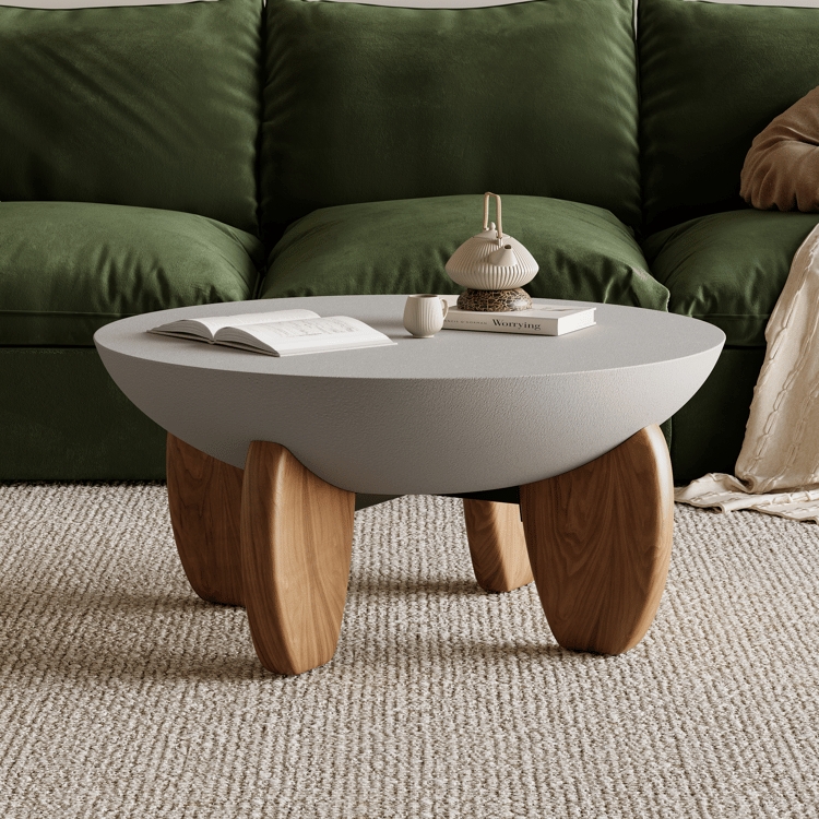 Round Concrete Look Coffee Table with Chunky Organic Wood Legs