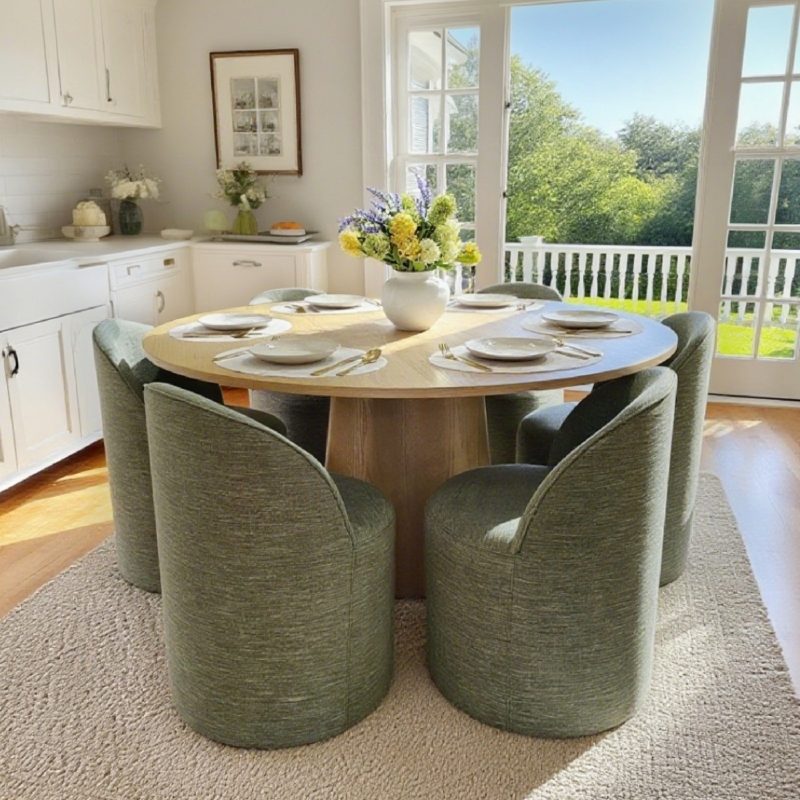 Round Dining Set for 6 Natural Wood Sage Green Barrel Chairs