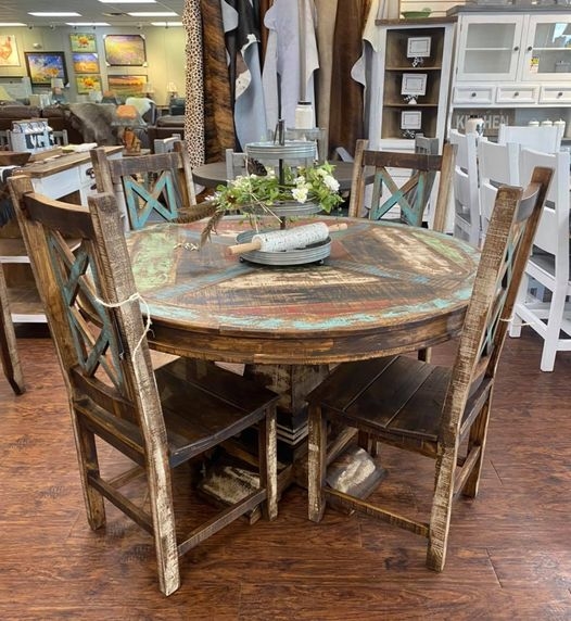 Round Dining Set Multi Color Distressed Top X Back Chairs Farmhouse