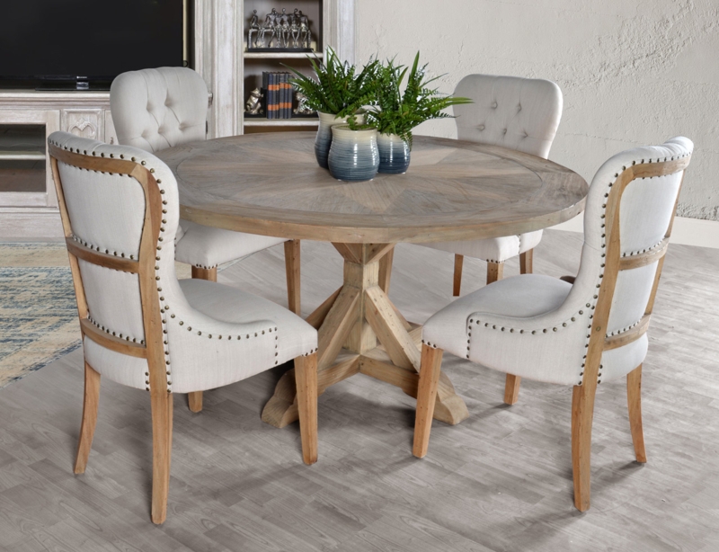 Round Dining Set Rustic Farmhouse Parquetry Top Reclaimed Wood Look