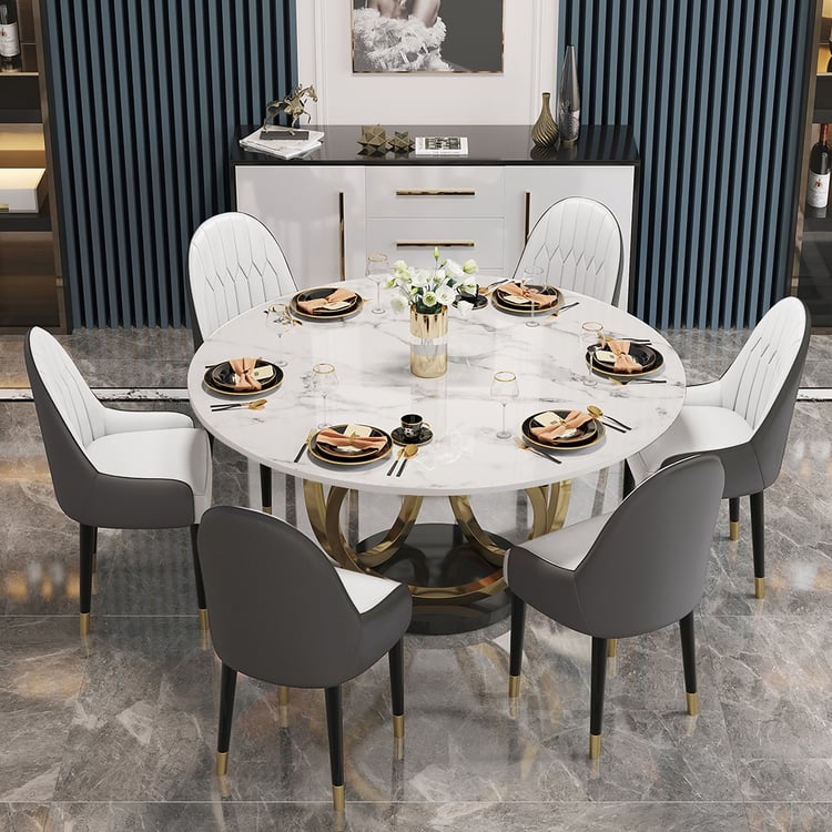 Round Dining Set Sculptural Gold Base Faux Marble Top Two-Tone Chairs