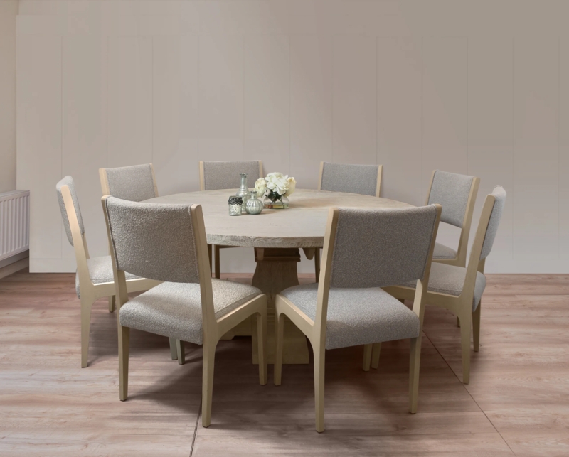 Round Dining Set: Silver Boucle Chairs, Ash Wood Pedestal Base, Modern Organic