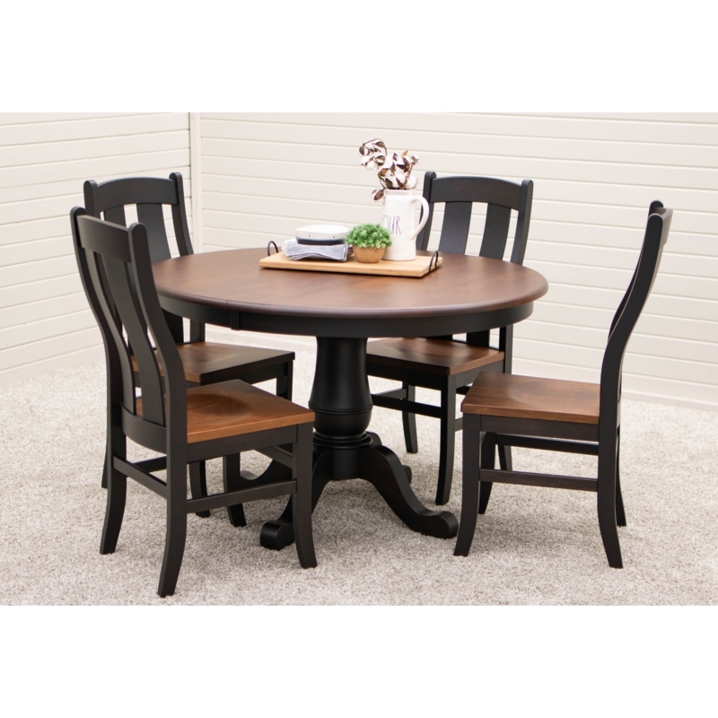 Round Dining Set Two Tone Finish Pedestal Base Slat Back Chairs