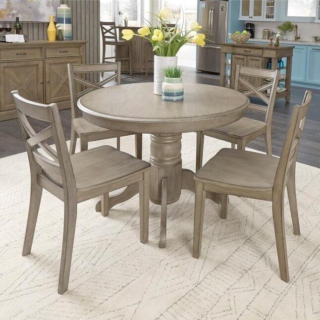 Round Dining Set Weathered Gray Finish X Back Chairs Farmhouse Style