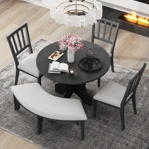 Round Dining Set with Curved Bench and Dark Grey Pedestal Table