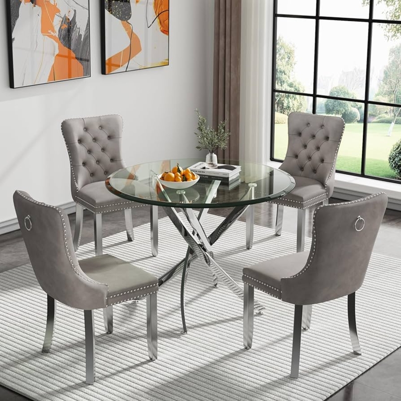 Round Dining Set with Grey Tufted Chairs and Ring Pull Details
