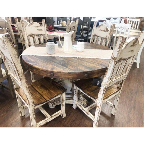 Round Dining Set with Heavily Distressed Whitewash Finish