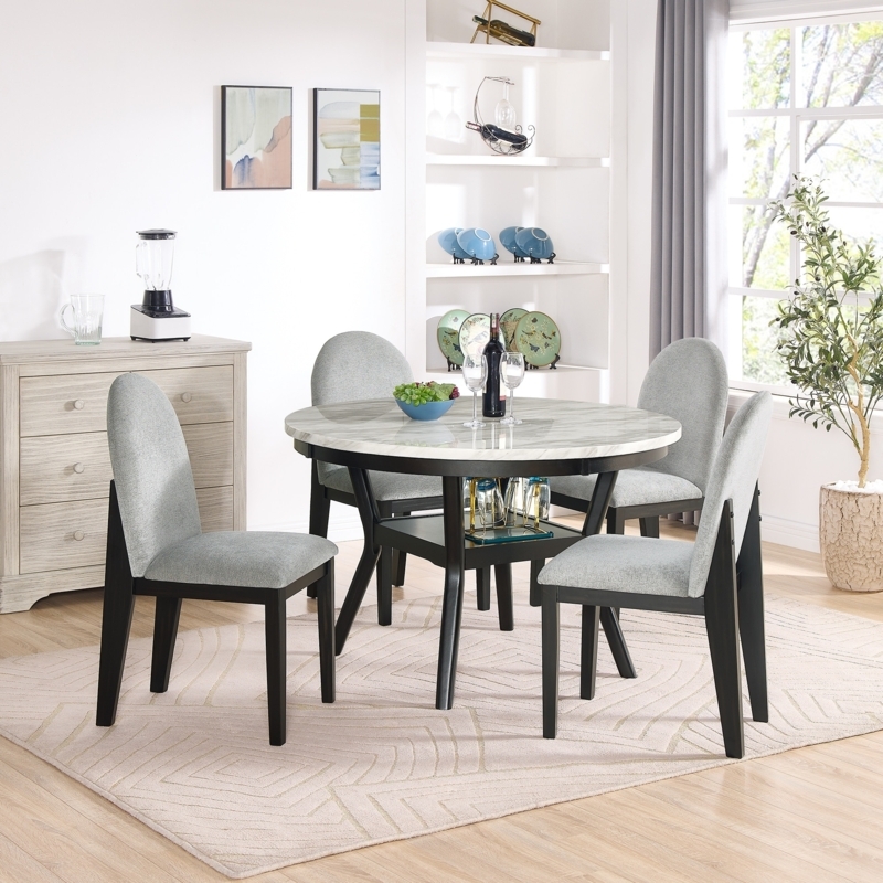 Round Dining Set with Marble Pattern Top and Integrated Storage Base.