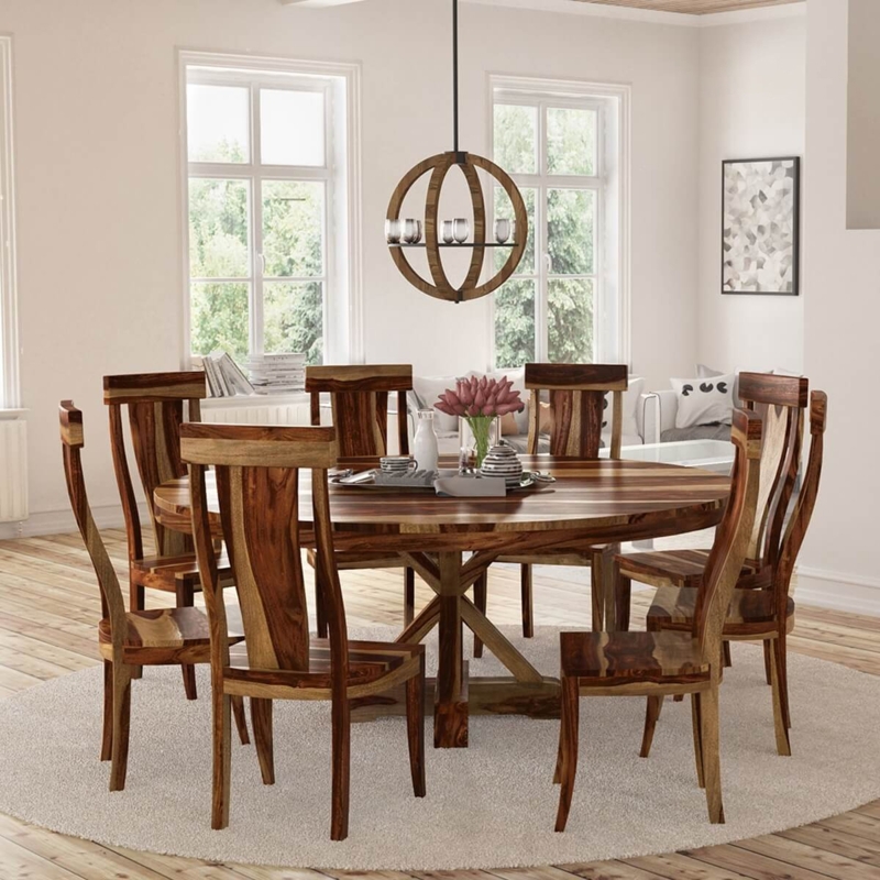Round Dining Set X Pedestal Base Slatted High Back Chairs Wood Grain