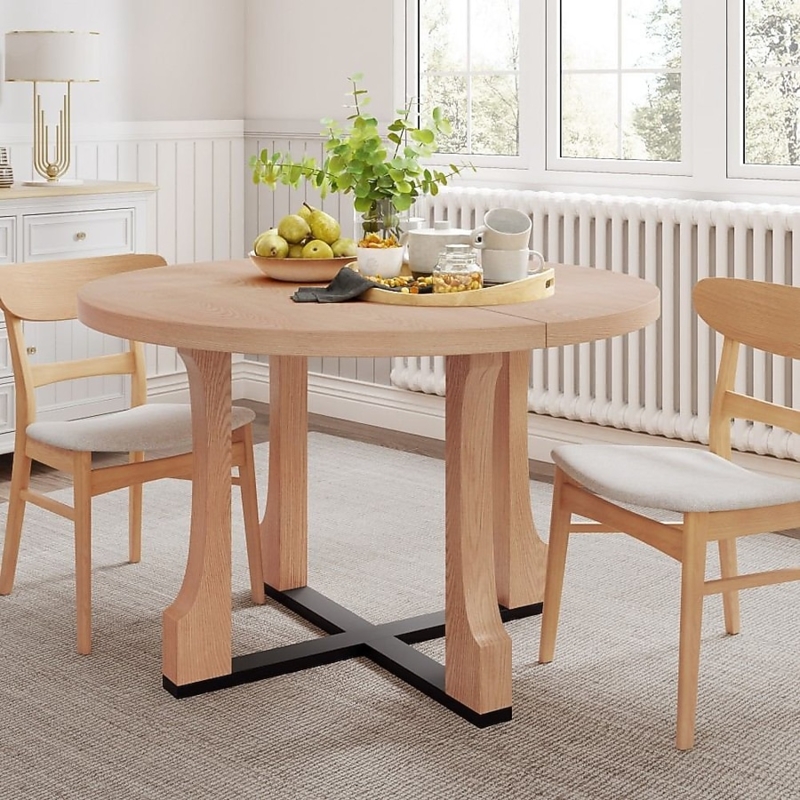 Round Dining Table Black X-Shaped Base Flared Legs Modern Farmhouse