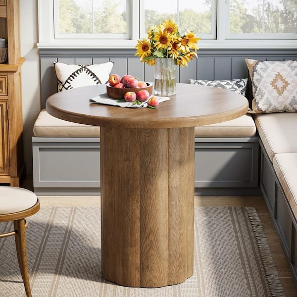 Round Dining Table Brown Wood Grain Heavy-Duty Pedestal Cross Base