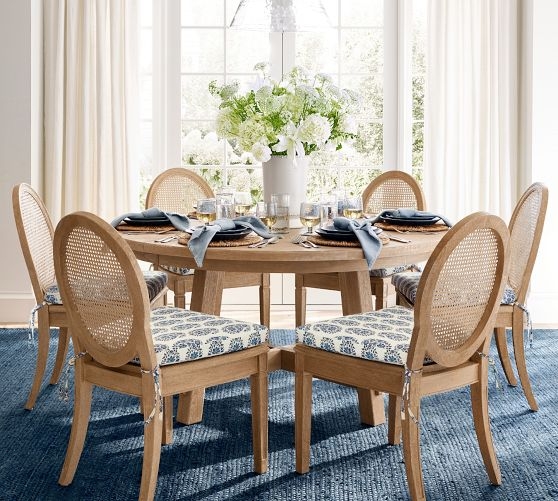 Round Dining Table Cane Back Chairs Coastal Blue Floral Cushions