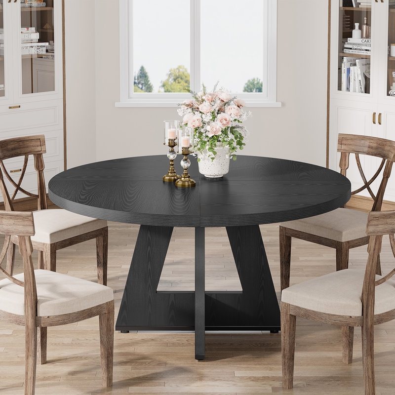 Round Dining Table Charcoal Black Finish Cross Back Chairs Modern Farmhouse