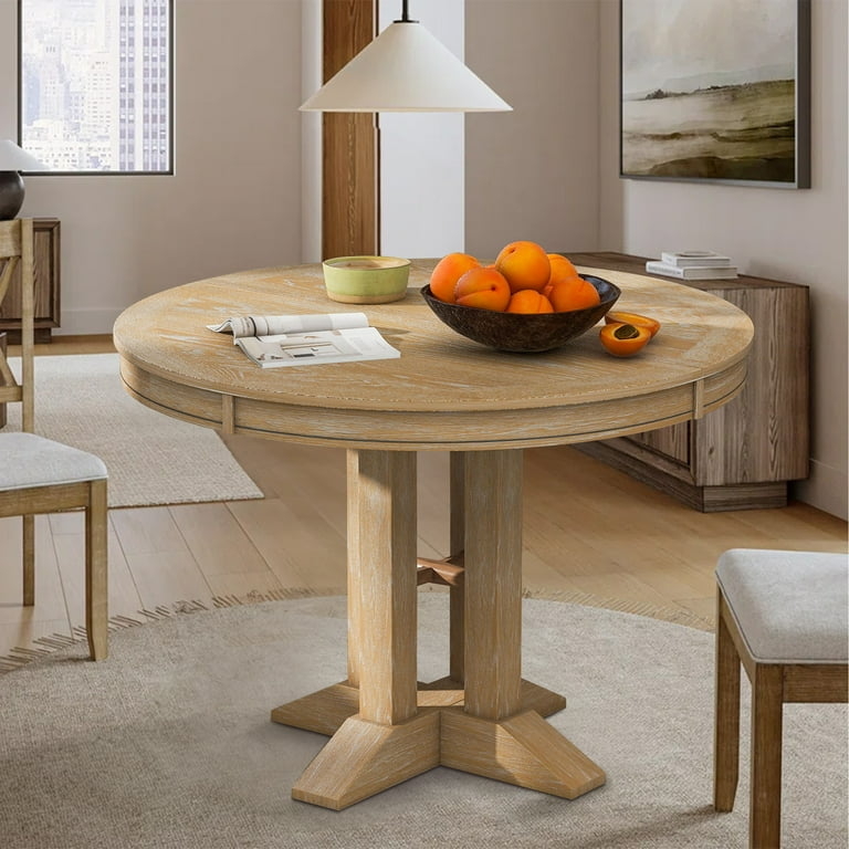 Round Dining Table Chunky Pedestal Wire Brushed Finish Farmhouse