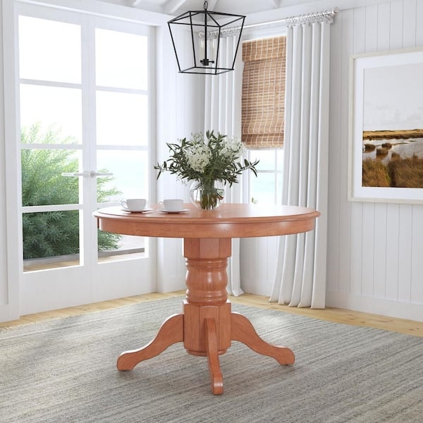 Round Dining Table Cottage Oak Finish Carved Pedestal Base
