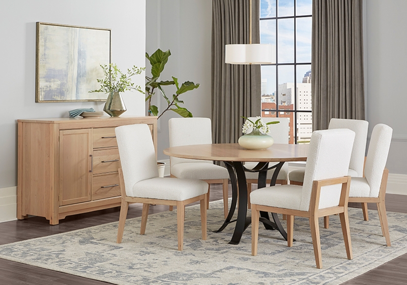 Round Dining Table Curved Metal Base Light Wood Top Contemporary