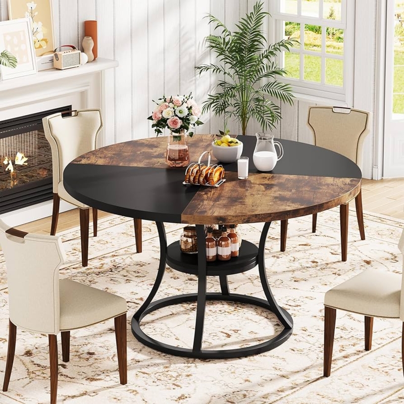 Round Dining Table Dual Tone Top Integrated Storage Shelf Metal Base