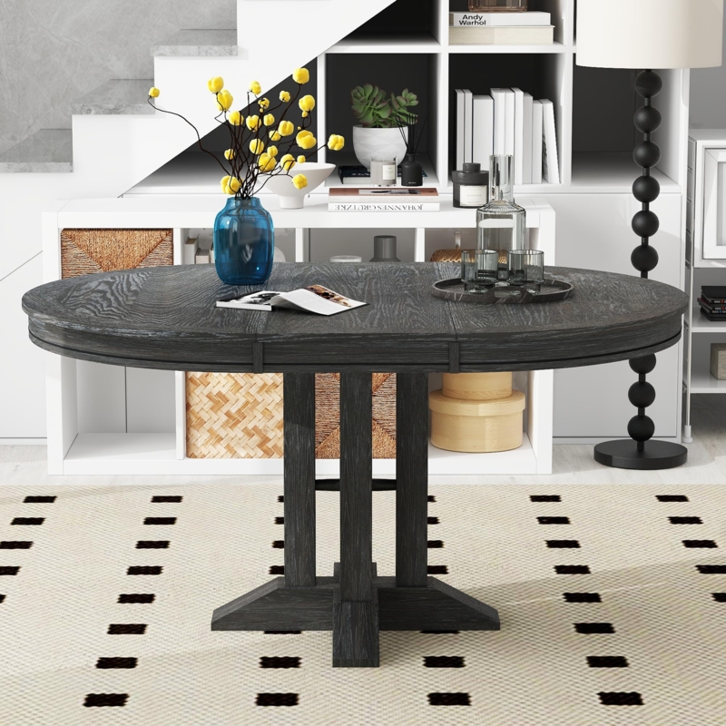 Round Dining Table Extendable Top Slatted Pedestal Base Charcoal Grey
