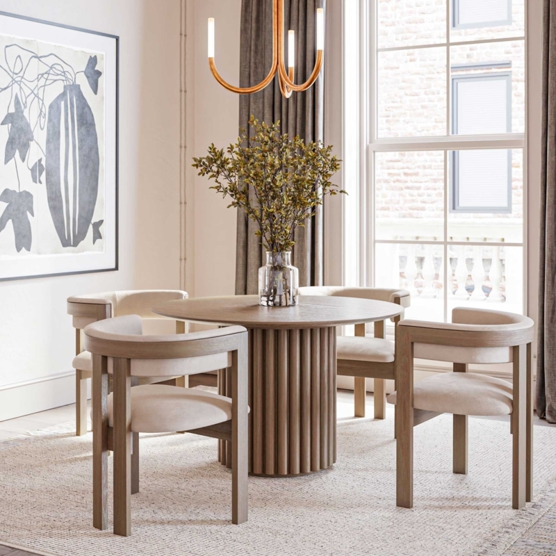 Round Dining Table, Fluted Pedestal, Barrel-Back Chairs, Ribbed Wood Texture, Modern