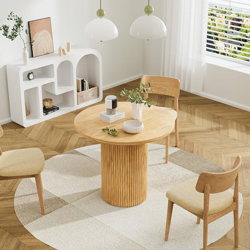 Round Dining Table Fluted Pedestal Base Scandi Modern Wood