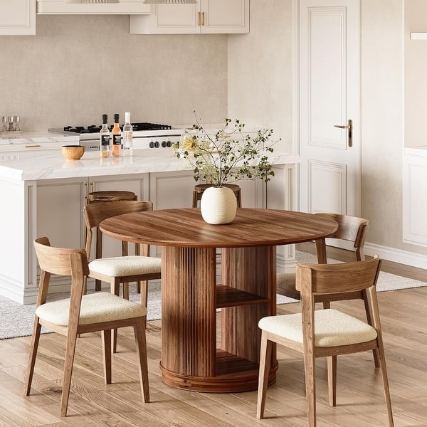 Round Dining Table Fluted Pedestal Base Storage Shelves Japandi