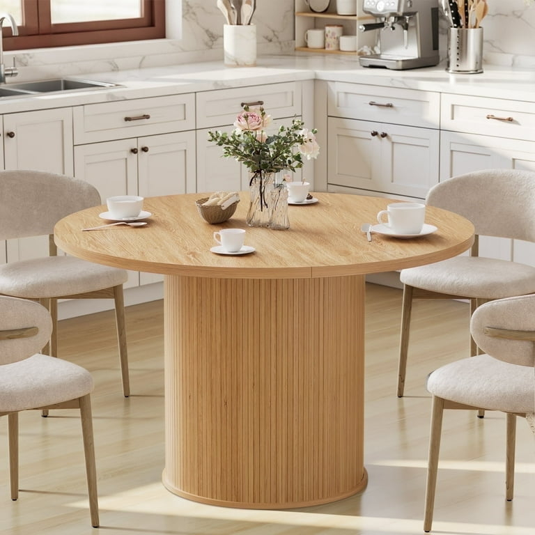 Round Dining Table Fluted Pedestal Natural Finish Modern Farmhouse