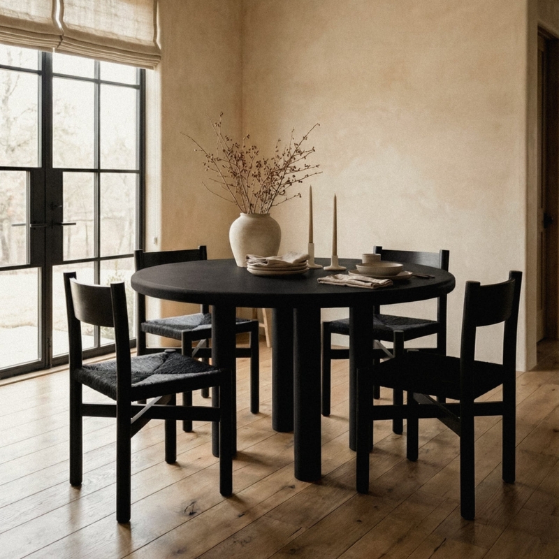 Round Dining Table Four Column Legs Matte Finish Woven Seat Chairs