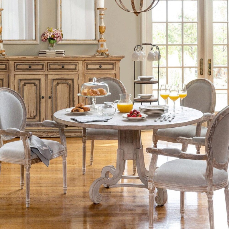 Round Dining Table French Country Whitewashed Scrolled Pedestal Base