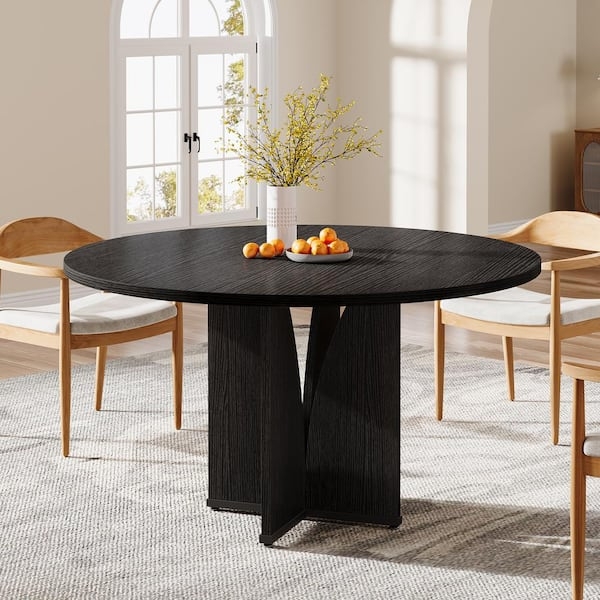 Round Dining Table Geometric Pedestal Base Black Wood Grain