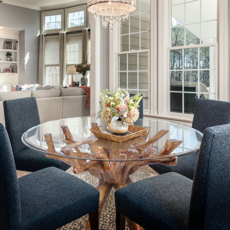 Round Dining Table Glass Top Sculptural Root Base Organic Modern