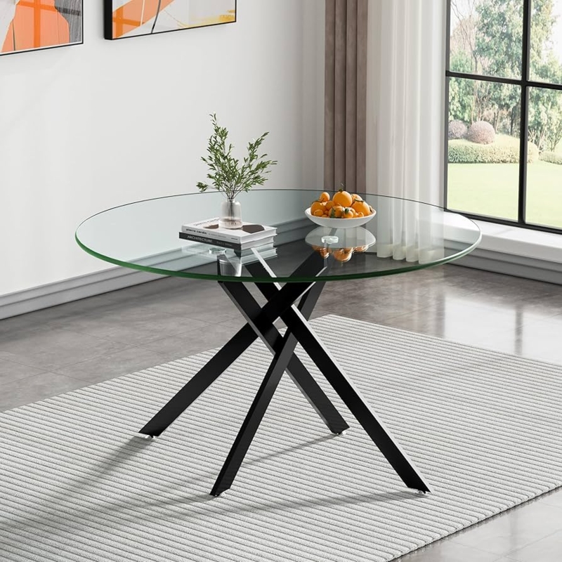 Round Dining Table Interlaced X-Shape Base Architectural Metal Glass