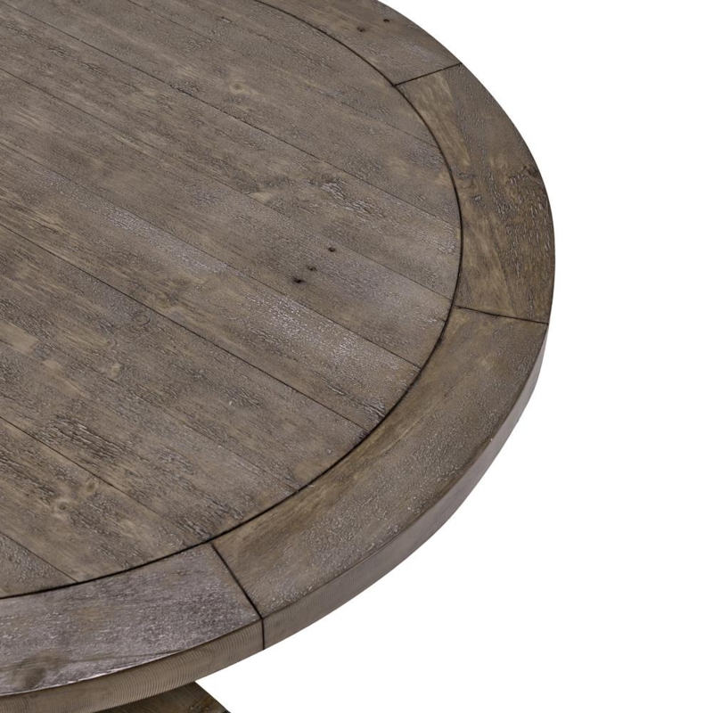 Round Dining Table Mitered Border Frame Distressed Plank Top Wood Toned