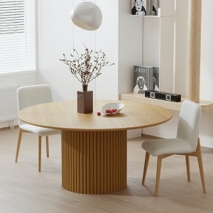 Round Dining Table Natural Wood Slatted Base Minimalist Farmhouse