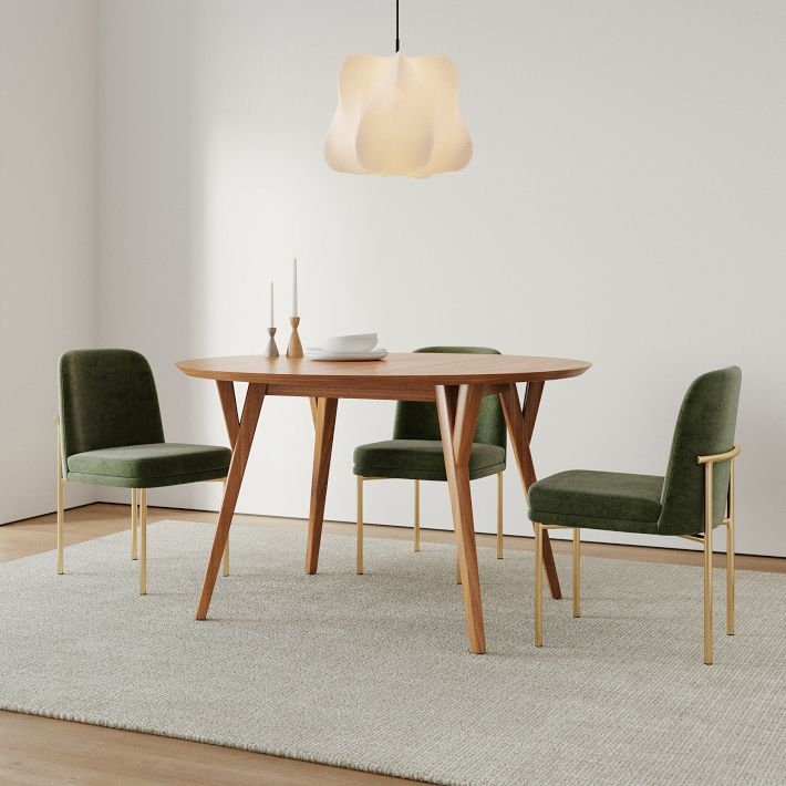 Round Dining Table, Olive Green Velvet-Like Chairs, Gold-Toned Legs, Mid-Century