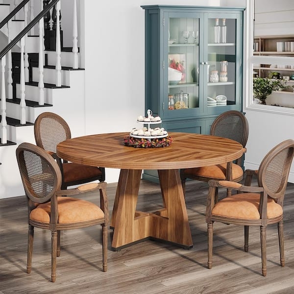Round Dining Table Radial Wood Grain Top, Cane Back Chairs