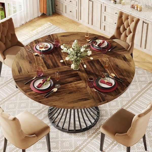 Round Dining Table Radial Wood Grain Top Slatted Metal Base