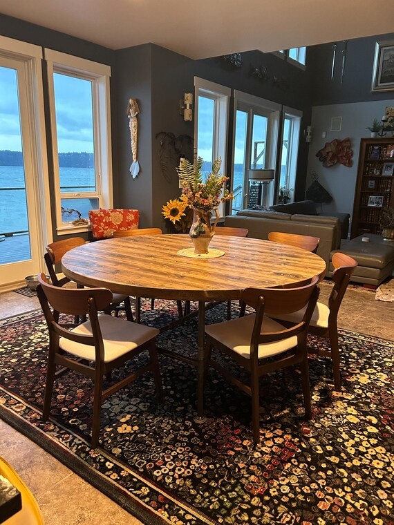 Round Dining Table Reclaimed Wood Look Industrial Pipe Legs Rustic