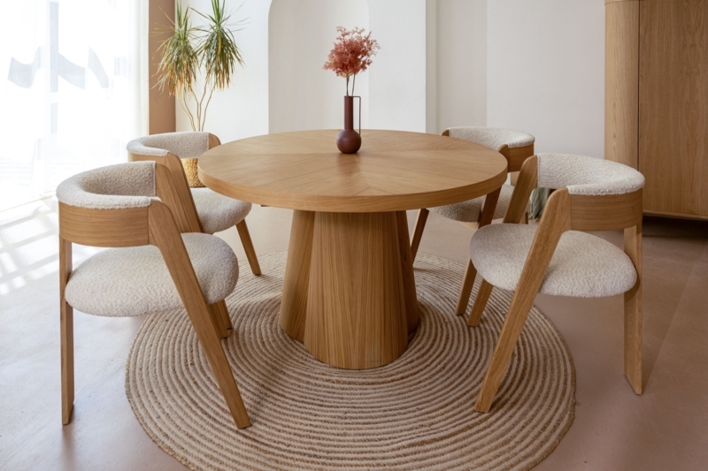 Round Dining Table Ribbed Pedestal Base Boucle Chairs Japandi Set