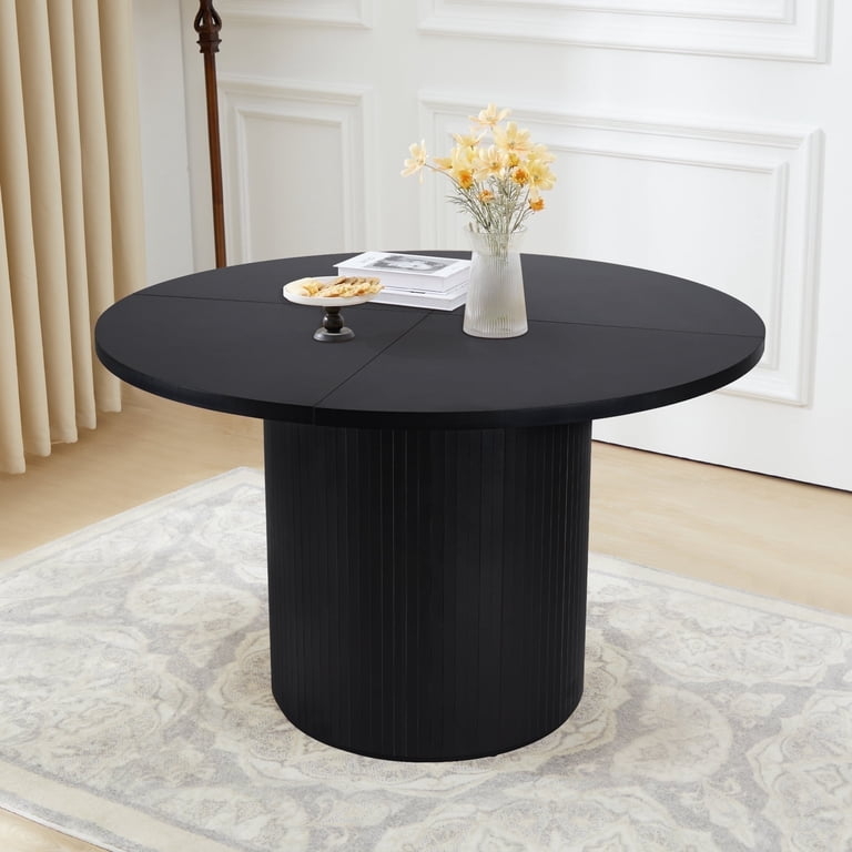 Round Dining Table Ribbed Pedestal Base Matte Black Fluted Texture