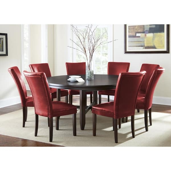 Round Dining Table Set, Espresso Wood with Red Upholstered Chairs