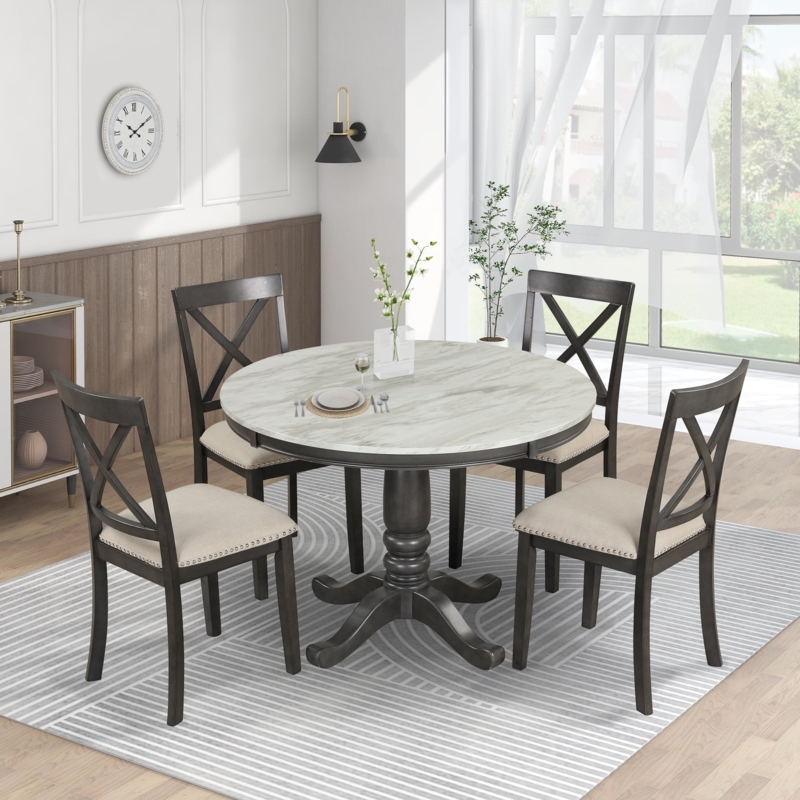 Round Dining Table Set for 4, Transitional, Gray Upholstered Chairs