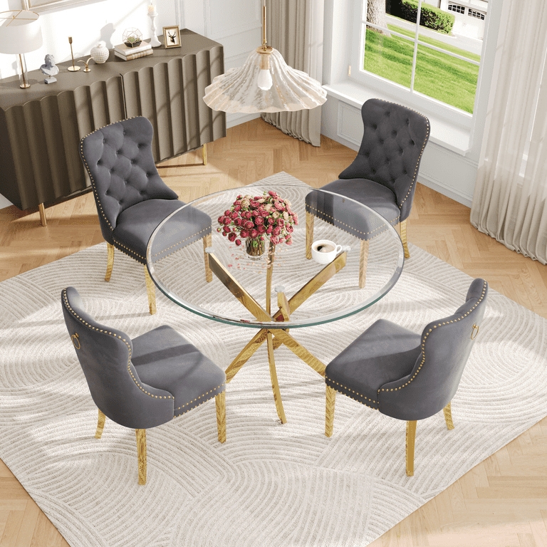Round Dining Table Set Glass Top Wingback Tufted Chairs Geometric Base
