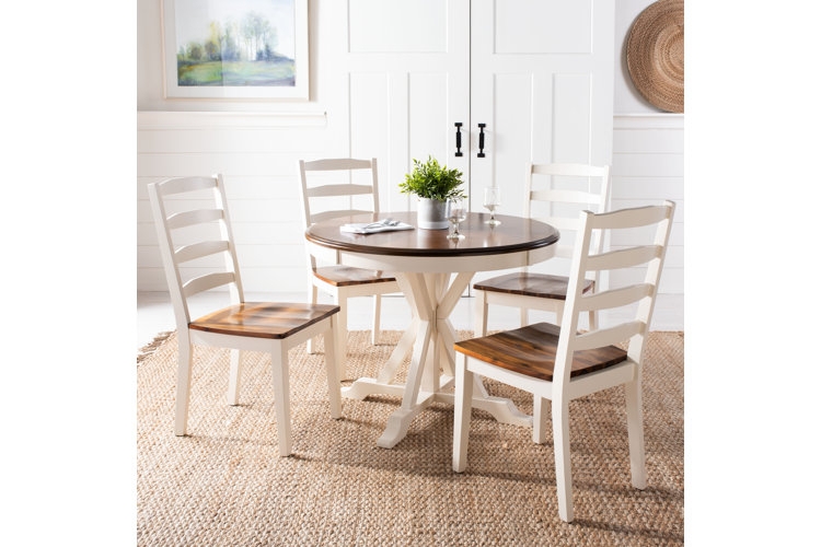 Round Dining Table Set Two-Tone Farmhouse, X-Base, Ladder Back Chairs